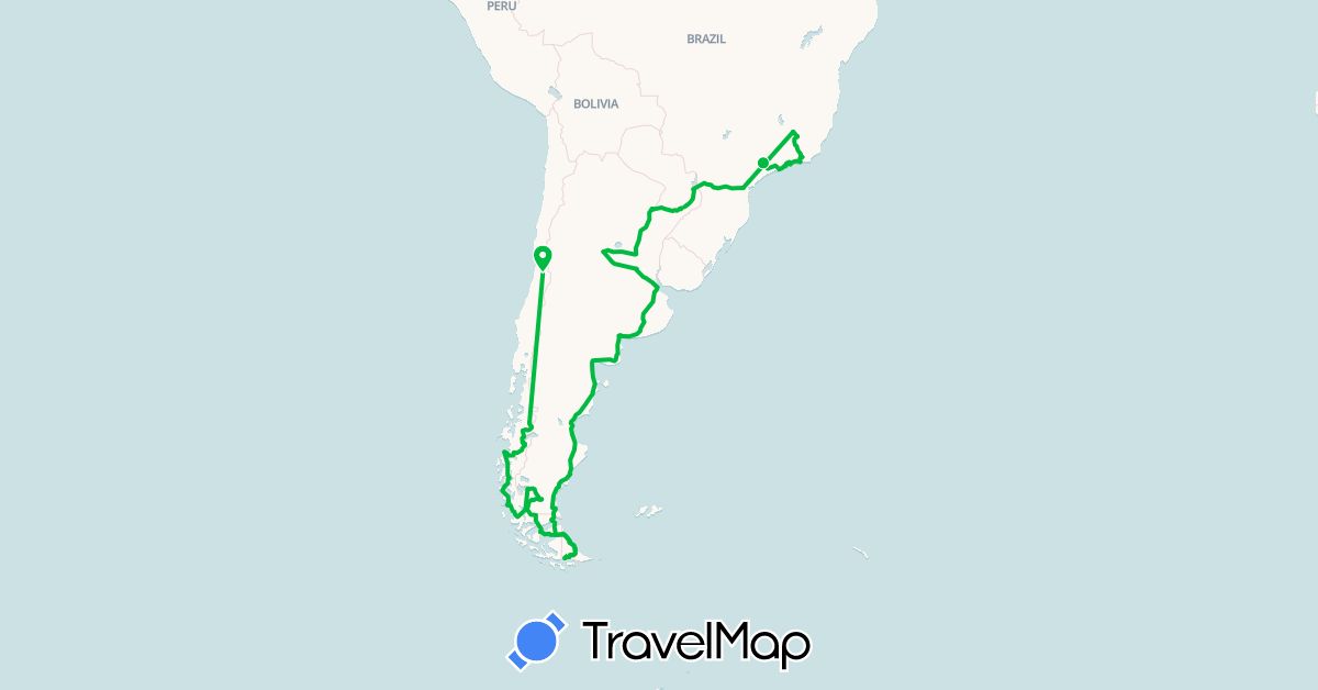 TravelMap itinerary: driving, bus in Argentina, Brazil, Chile (South America)